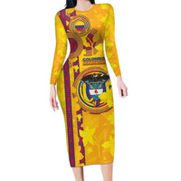 Custom Colombia Football Long Sleeve Bodycon Dress Tropical Orchid Floral Pattern With Coat Of Arms