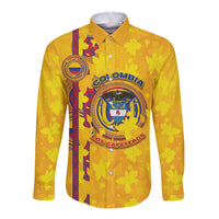 Custom Colombia Football Long Sleeve Button Shirt Tropical Orchid Floral Pattern With Coat Of Arms