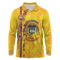Custom Colombia Football Long Sleeve Polo Shirt Tropical Orchid Floral Pattern With Coat Of Arms