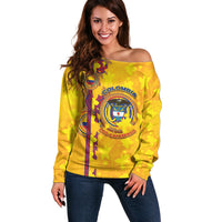 Custom Colombia Football Off Shoulder Sweater Tropical Orchid Floral Pattern With Coat Of Arms