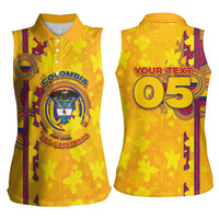 Custom Colombia Football Women Sleeveless Polo Shirt Tropical Orchid Floral Pattern With Coat Of Arms