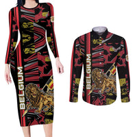 Personalized Belgium Couples Matching Long Sleeve Bodycon Dress and Long Sleeve Button Shirt Lion Holding Flag - Wonder Print Shop