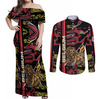 Personalized Belgium Couples Matching Off Shoulder Maxi Dress and Long Sleeve Button Shirt Lion Holding Flag - Wonder Print Shop