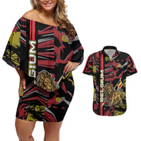 Personalized Belgium Couples Matching Off Shoulder Short Dress and Hawaiian Shirt Lion Holding Flag - Wonder Print Shop