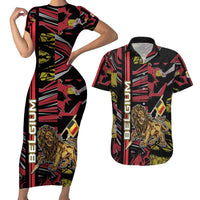 Personalized Belgium Couples Matching Short Sleeve Bodycon Dress and Hawaiian Shirt Lion Holding Flag - Wonder Print Shop