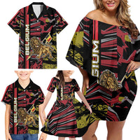 Personalized Belgium Family Matching Off Shoulder Short Dress and Hawaiian Shirt Lion Holding Flag - Wonder Print Shop