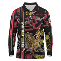 Personalized Belgium Long Sleeve Polo Shirt Lion Holding Flag - Wonder Print Shop