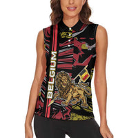 Personalized Belgium Women Sleeveless Polo Shirt Lion Holding Flag - Wonder Print Shop