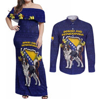 Personalized Bosnia And Herzegovina Couples Matching Off Shoulder Maxi Dress and Long Sleeve Button Shirt The Tornjak With Lilium Bosniacum - Wonder Print Shop