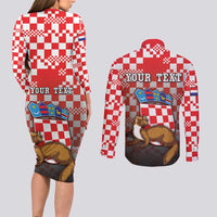 Personalized Croatia Couples Matching Long Sleeve Bodycon Dress and Long Sleeve Button Shirt Kuna Zlatica With Symbol - Wonder Print Shop