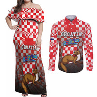 Personalized Croatia Couples Matching Off Shoulder Maxi Dress and Long Sleeve Button Shirt Kuna Zlatica With Symbol - Wonder Print Shop