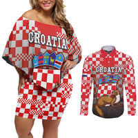Personalized Croatia Couples Matching Off Shoulder Short Dress and Long Sleeve Button Shirt Kuna Zlatica With Symbol - Wonder Print Shop