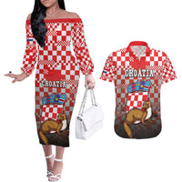 Personalized Croatia Couples Matching Off The Shoulder Long Sleeve Dress and Hawaiian Shirt Kuna Zlatica With Symbol - Wonder Print Shop