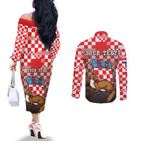 Personalized Croatia Couples Matching Off The Shoulder Long Sleeve Dress and Long Sleeve Button Shirt Kuna Zlatica With Symbol - Wonder Print Shop