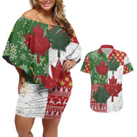 Canada Christmas Couples Matching Off Shoulder Short Dress and Hawaiian Shirt Maple Leaves Patchwork Style - Wonder Print Shop
