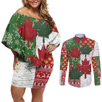 Canada Christmas Couples Matching Off Shoulder Short Dress and Long Sleeve Button Shirt Maple Leaves Patchwork Style - Wonder Print Shop