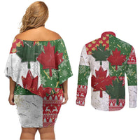 Canada Christmas Couples Matching Off Shoulder Short Dress and Long Sleeve Button Shirt Maple Leaves Patchwork Style - Wonder Print Shop