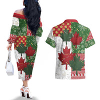 Canada Christmas Couples Matching Off The Shoulder Long Sleeve Dress and Hawaiian Shirt Maple Leaves Patchwork Style - Wonder Print Shop