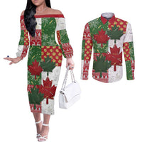 Canada Christmas Couples Matching Off The Shoulder Long Sleeve Dress and Long Sleeve Button Shirt Maple Leaves Patchwork Style - Wonder Print Shop