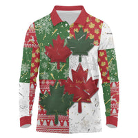 Canada Christmas Long Sleeve Polo Shirt Maple Leaves Patchwork Style - Wonder Print Shop
