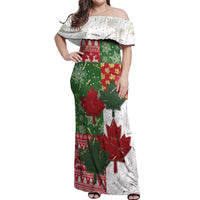 Canada Christmas Off Shoulder Maxi Dress Maple Leaves Patchwork Style - Wonder Print Shop
