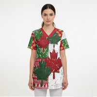 Canada Christmas Scrub Top Maple Leaves Patchwork Style - Wonder Print Shop