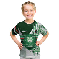 Custom Iraq Football Kid T Shirt Modern Glitch Art Style Lion Symbolism