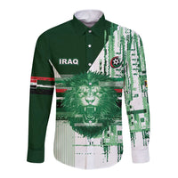 Custom Iraq Football Long Sleeve Button Shirt Modern Glitch Art Style Lion Symbolism
