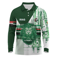 Custom Iraq Football Long Sleeve Polo Shirt Modern Glitch Art Style Lion Symbolism