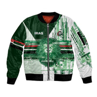 Custom Iraq Football Sleeve Zip Bomber Jacket Modern Glitch Art Style Lion Symbolism