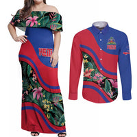 Personalized Haiti Couples Matching Off Shoulder Maxi Dress and Long Sleeve Button Shirt Tropical Hibiscus Flowers DT05