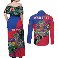 Personalized Haiti Couples Matching Off Shoulder Maxi Dress and Long Sleeve Button Shirt Tropical Hibiscus Flowers DT05