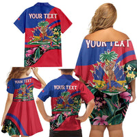 Personalized Haiti Family Matching Off Shoulder Short Dress and Hawaiian Shirt Tropical Hibiscus Flowers DT05