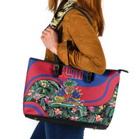 Personalized Haiti Leather Tote Bag Tropical Hibiscus Flowers