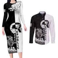 Czech Republic Couples Matching Long Sleeve Bodycon Dress and Long Sleeve Button Shirt White Lion With Rose - Wonder Print Shop