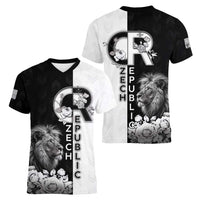 Czech Republic Women V-Neck T-Shirt White Lion With Rose - Wonder Print Shop