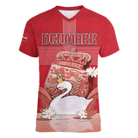 Personalized Denmark Women V-Neck T-Shirt Mute Swan With Symbol - Wonder Print Shop