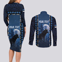 Personalized Estonia Couples Matching Long Sleeve Bodycon Dress and Long Sleeve Button Shirt Night Wolf With Pattern - Wonder Print Shop