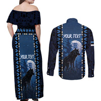 Personalized Estonia Couples Matching Off Shoulder Maxi Dress and Long Sleeve Button Shirt Night Wolf With Pattern - Wonder Print Shop