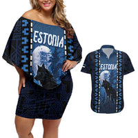 Personalized Estonia Couples Matching Off Shoulder Short Dress and Hawaiian Shirt Night Wolf With Pattern - Wonder Print Shop
