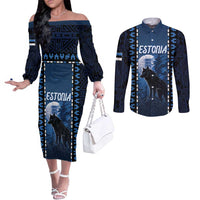 Personalized Estonia Couples Matching Off The Shoulder Long Sleeve Dress and Long Sleeve Button Shirt Night Wolf With Pattern - Wonder Print Shop