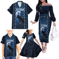 Personalized Estonia Family Matching Off The Shoulder Long Sleeve Dress and Hawaiian Shirt Night Wolf With Pattern - Wonder Print Shop