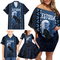 Personalized Estonia Family Matching Off Shoulder Short Dress and Hawaiian Shirt Night Wolf With Pattern - Wonder Print Shop