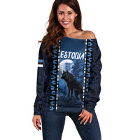 Personalized Estonia Off Shoulder Sweater Night Wolf With Pattern - Wonder Print Shop