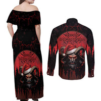 Merry Krampus Couples Matching Off Shoulder Maxi Dress and Long Sleeve Button Shirt Dark Grunge Christmas - Wonder Print Shop