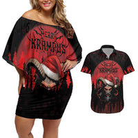 Merry Krampus Couples Matching Off Shoulder Short Dress and Hawaiian Shirt Dark Grunge Christmas - Wonder Print Shop
