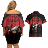 Merry Krampus Couples Matching Off Shoulder Short Dress and Hawaiian Shirt Dark Grunge Christmas - Wonder Print Shop