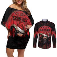 Merry Krampus Couples Matching Off Shoulder Short Dress and Long Sleeve Button Shirt Dark Grunge Christmas - Wonder Print Shop