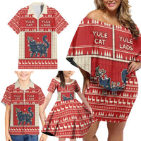 Yule Cat And Yule Lads Family Matching Off Shoulder Short Dress and Hawaiian Shirt Cute Retro Style - Wonder Print Shop