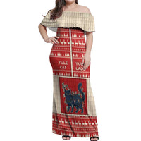 Yule Cat And Yule Lads Off Shoulder Maxi Dress Cute Retro Style - Wonder Print Shop